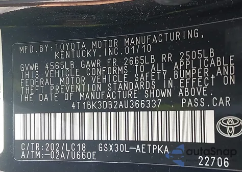 2010 Toyota Avalon Limited from USA, damaged, VIN 4T1BK3DB2AU366337